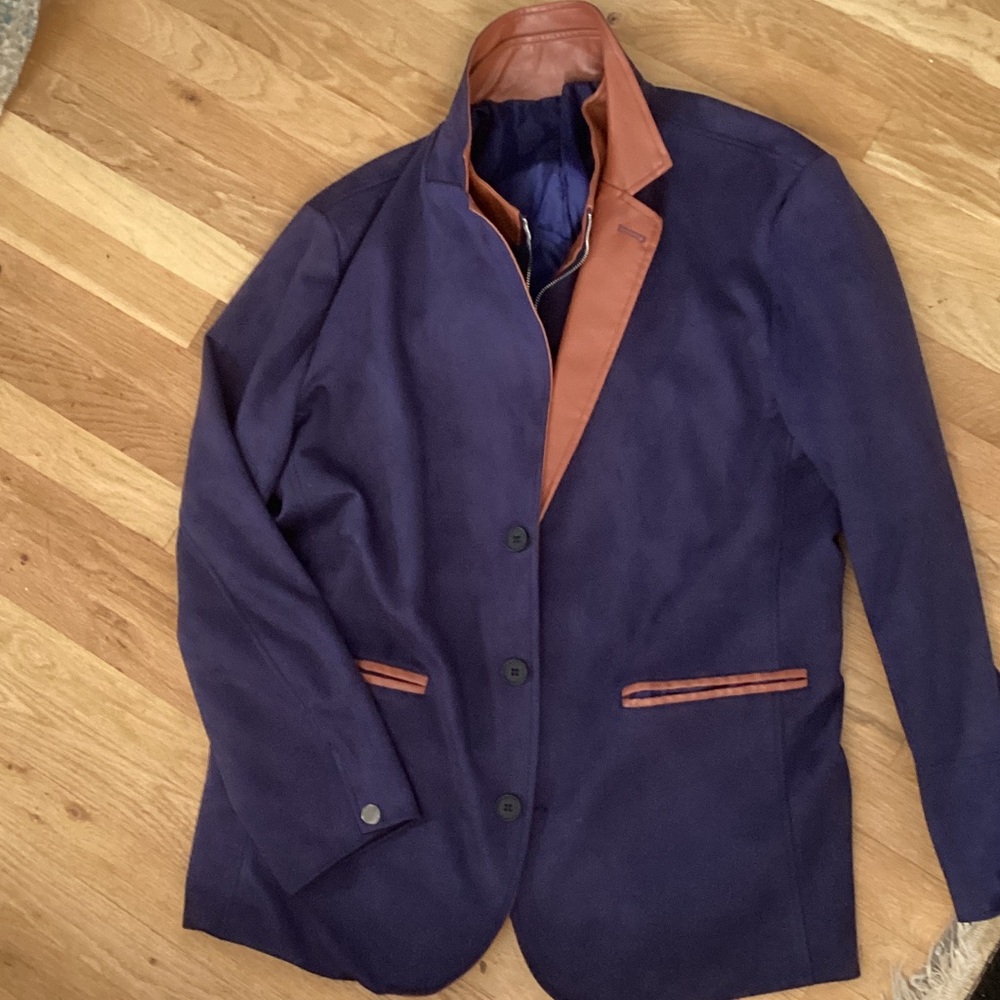Men's Navy Blazer with Brown Contrast Trim.   Custom bespoke.  XL
